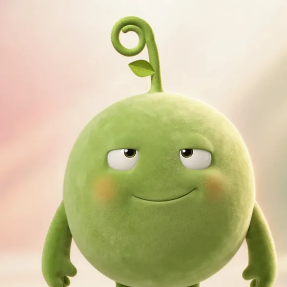 Pea with heavy eyelids and no brows, looking sleepy
