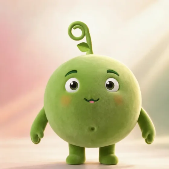 Pea with a stitched w-shaped mouth like a plush toy