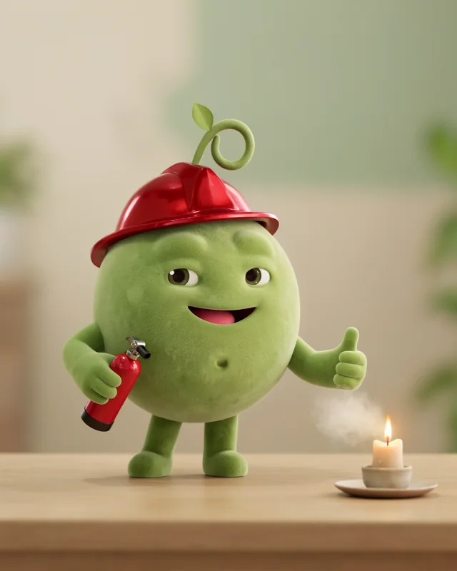 Pea in a plain red helmet beside a single candle