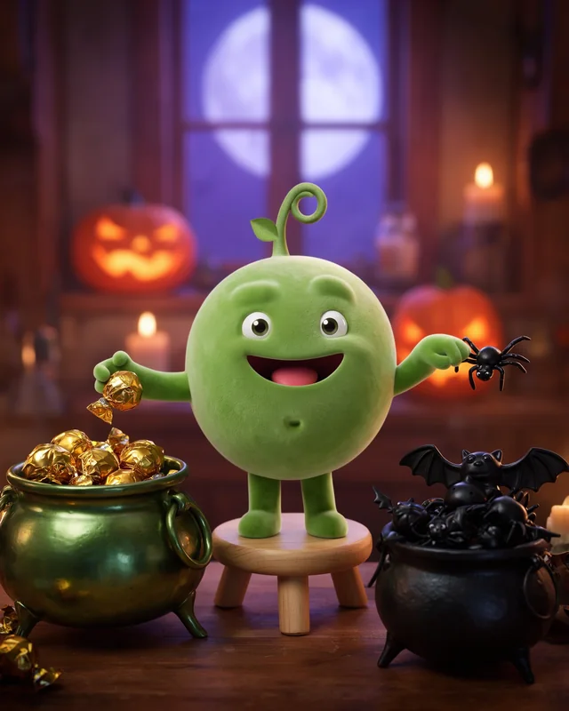 Pea dropping gold sweets into a green cauldron and a rubber spider into a black one