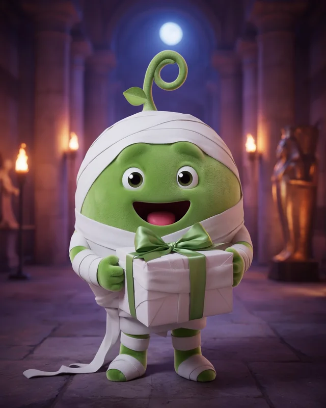 Pea dressed as a mummy, holding a wrapped present