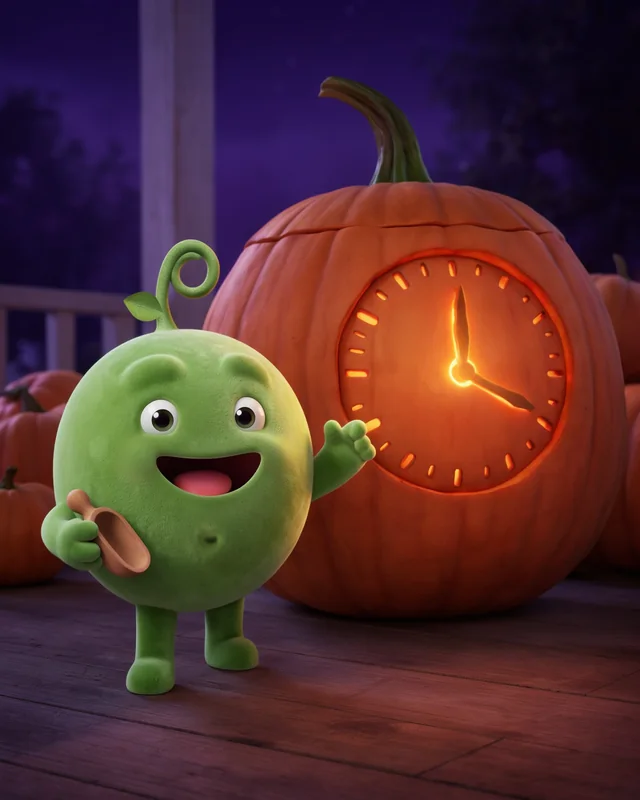 Pea beside a pumpkin carved into a glowing clock