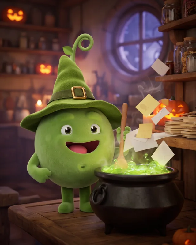 Pea in a witch's hat stirring a glowing cauldron as letters and notes float out into tidy stacks