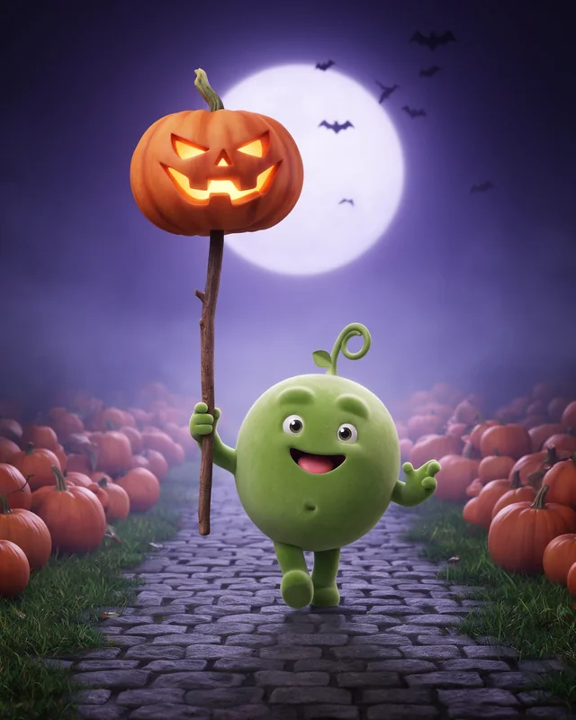 Pea walking a pumpkin patch path, holding up a jack-o'-lantern on a stick