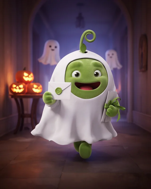 Pea in a bedsheet ghost costume, holding out a sealed letter