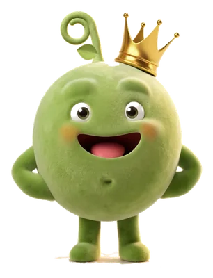 Pea wearing a small gold crown