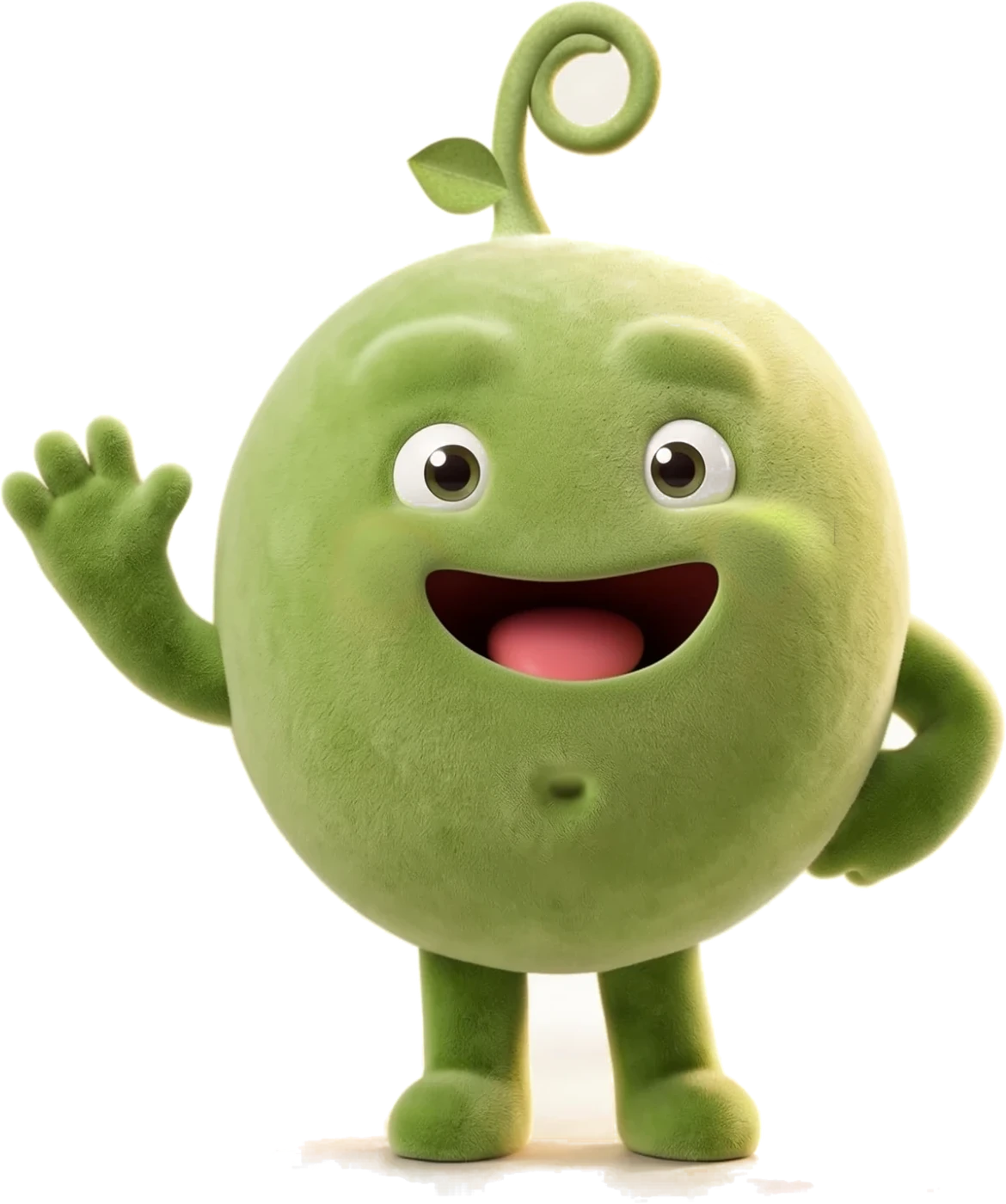 Pea, the locked master picture: a round velvet green pea waving, with a curly sprout and a wide open grin