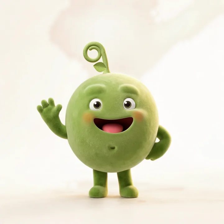 The locked Pea: velvet bumps, a wide open grin with a pink tongue, no teeth