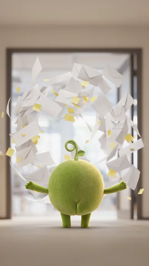 Pea from behind in a doorway, arms wide, holding back a storm of envelopes