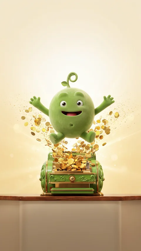 A tall story card of Pea at an antique cash register with coins flying