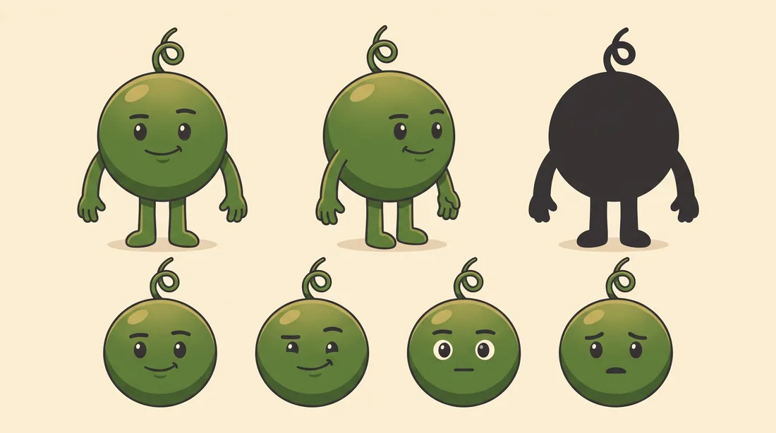 The first flat cartoon Pea, a sheet of poses and faces with dark outlines