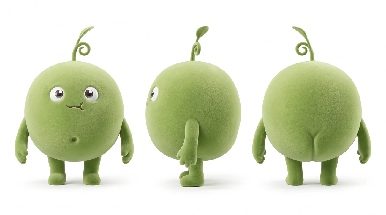 The velvet Pea from the front, side and back, with googly eyes, a belly button and a little bum crease