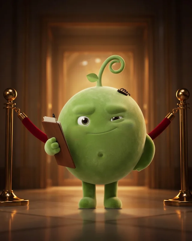 Pea as a nightclub bouncer with a clipboard
