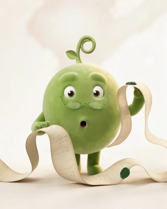 Pea in glasses reading a long scroll