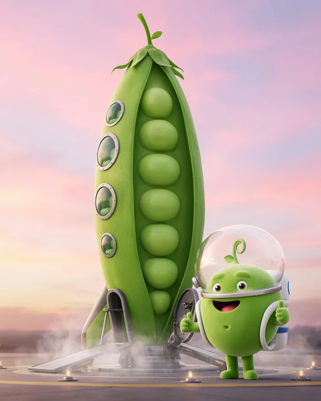 Pea in a space helmet beside a pea-pod rocket