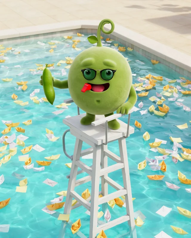 Pea as a lifeguard above a pool of paperwork