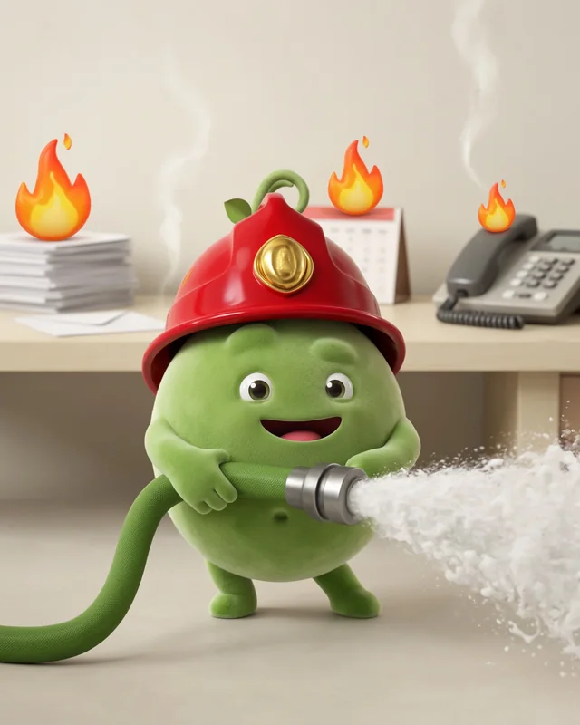 Pea in a fire helmet putting out little fires on a desk