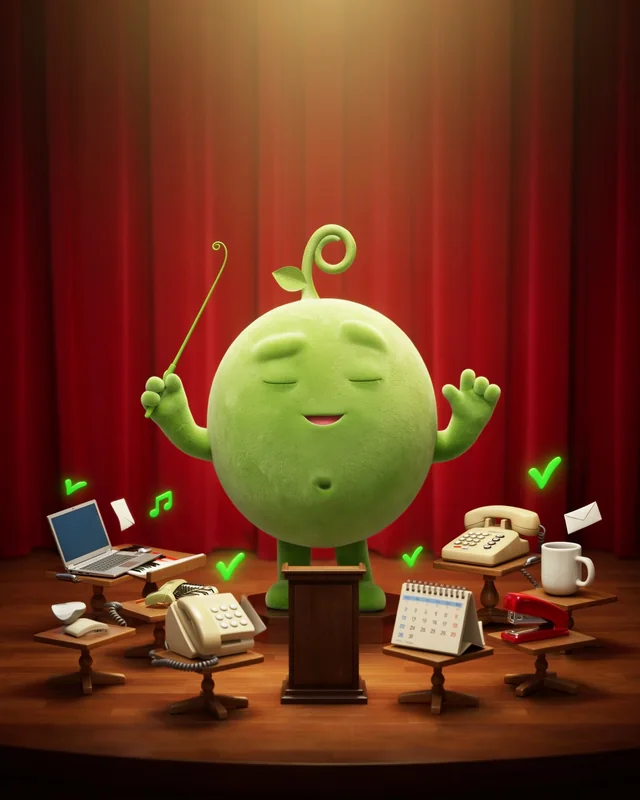Pea conducting an orchestra of office things