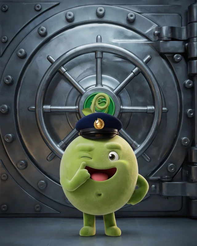 Pea in a guard's cap in front of a bank vault