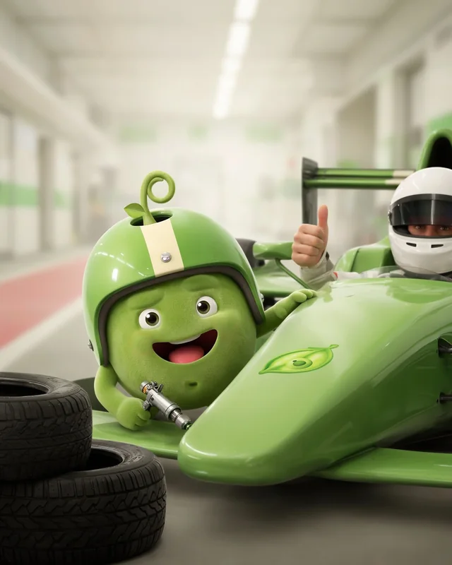 Pea in a pea-green racing car