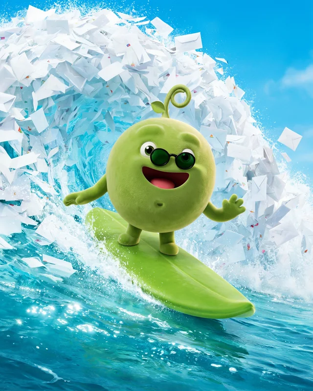Pea surfing a wave of paperwork on a pod board
