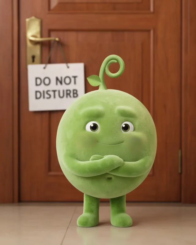 Pea guarding a door with a do not disturb sign