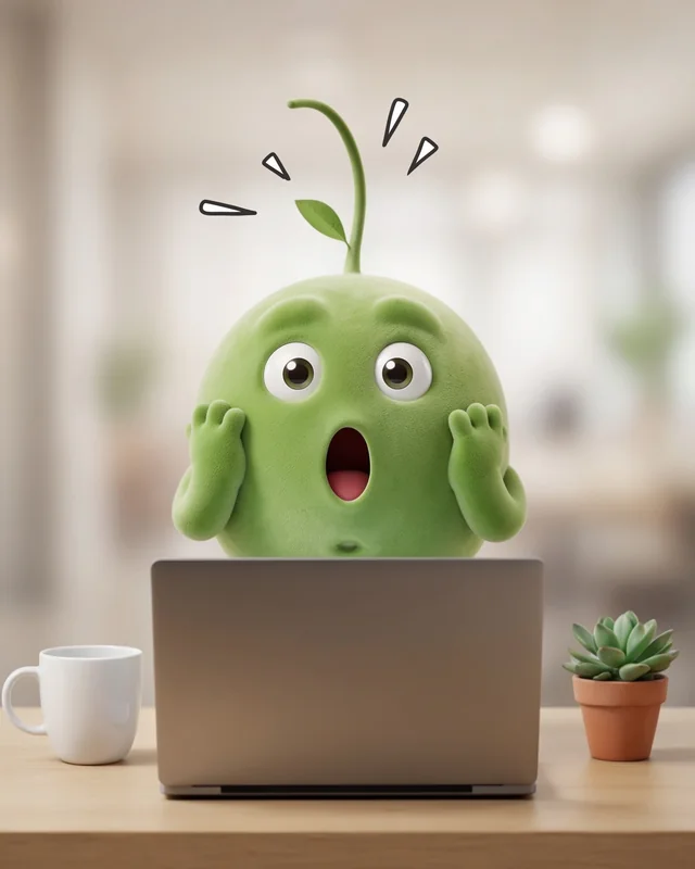 Pea gasping at a laptop