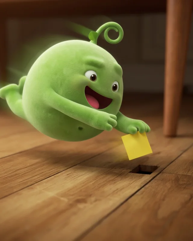 Pea diving to catch a sticky note