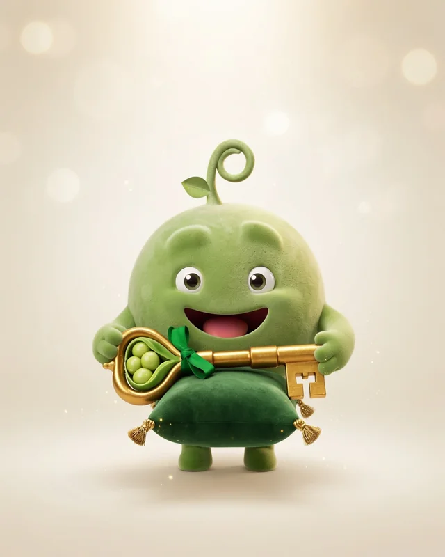 Pea holding a big golden key with a pod handle