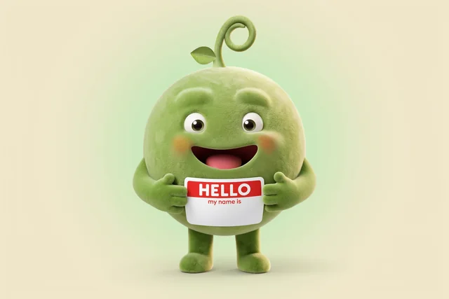 Pea holding a blank hello my name is sticker