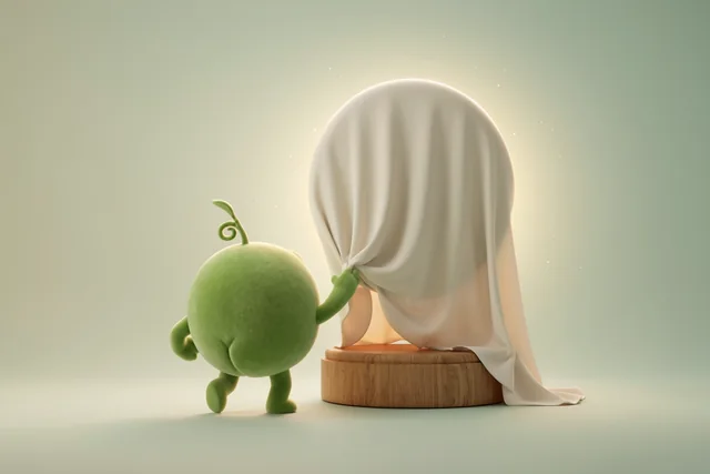 Pea from behind, hiding something under a cloth