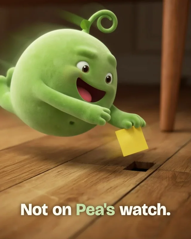 A frame from a short Pea clip: Pea diving for a sticky note